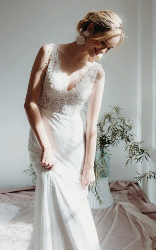 Lace Sleeveless Elegant Mermaid Plunging V-neck Bridal Gown with Deep V-back And Buttons