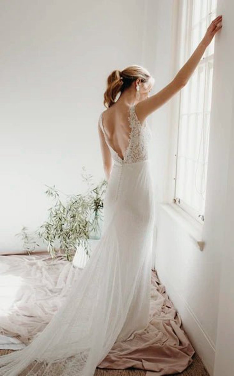 Lace Sleeveless Elegant Mermaid Plunging V-neck Bridal Gown with Deep V-back And Buttons