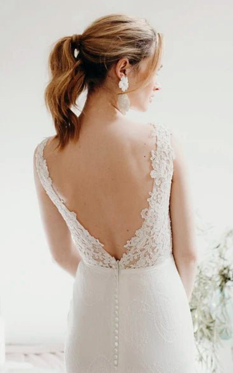 Lace Sleeveless Elegant Mermaid Plunging V-neck Bridal Gown with Deep V-back And Buttons