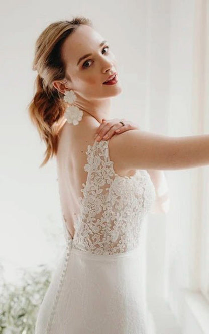 Lace Sleeveless Elegant Mermaid Plunging V-neck Bridal Gown with Deep V-back And Buttons