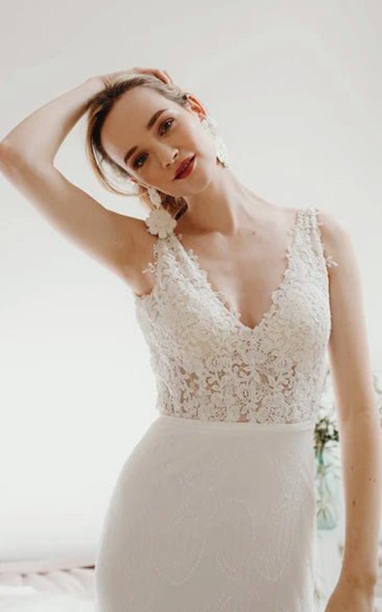 Lace Sleeveless Elegant Mermaid Plunging V-neck Bridal Gown with Deep V-back And Buttons