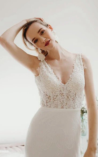 Lace Sleeveless Elegant Mermaid Plunging V-neck Bridal Gown with Deep V-back And Buttons