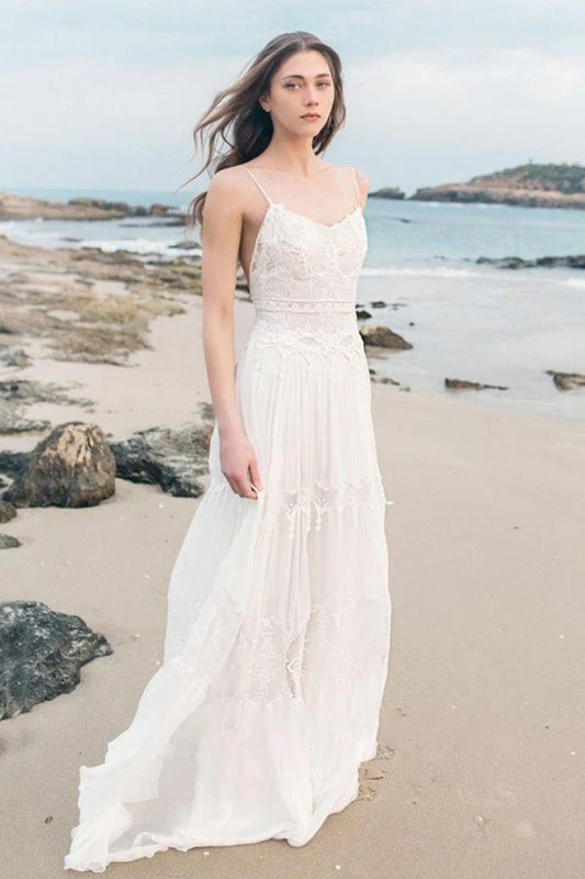 Spaghetti Sleeveless Chiffon Beach Boho Wedding Dresses