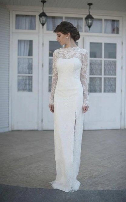 Gorgeous High-Neck Long Illusion Sleeve Mermaid Bridal Gown with Split Side