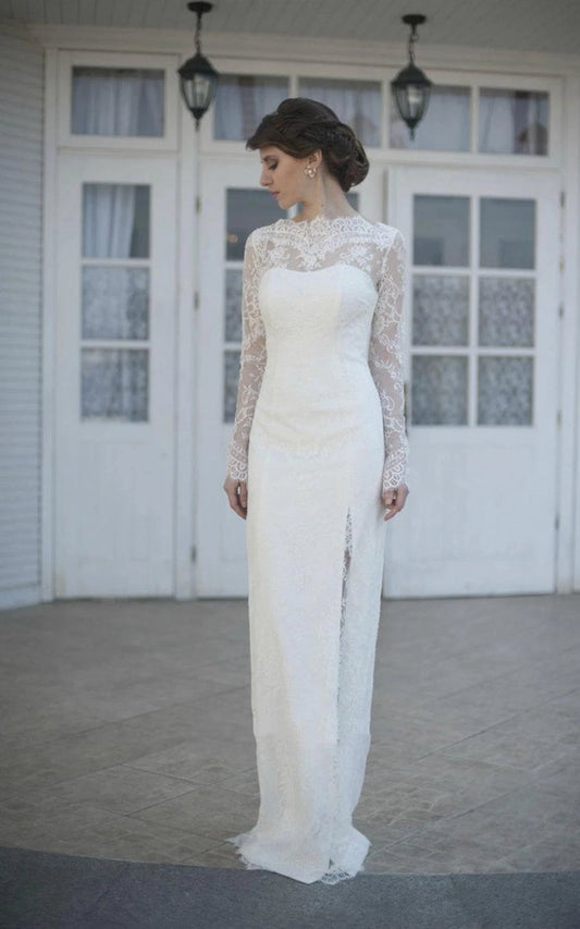 Gorgeous High-Neck Long Illusion Sleeve Mermaid Bridal Gown with Split Side
