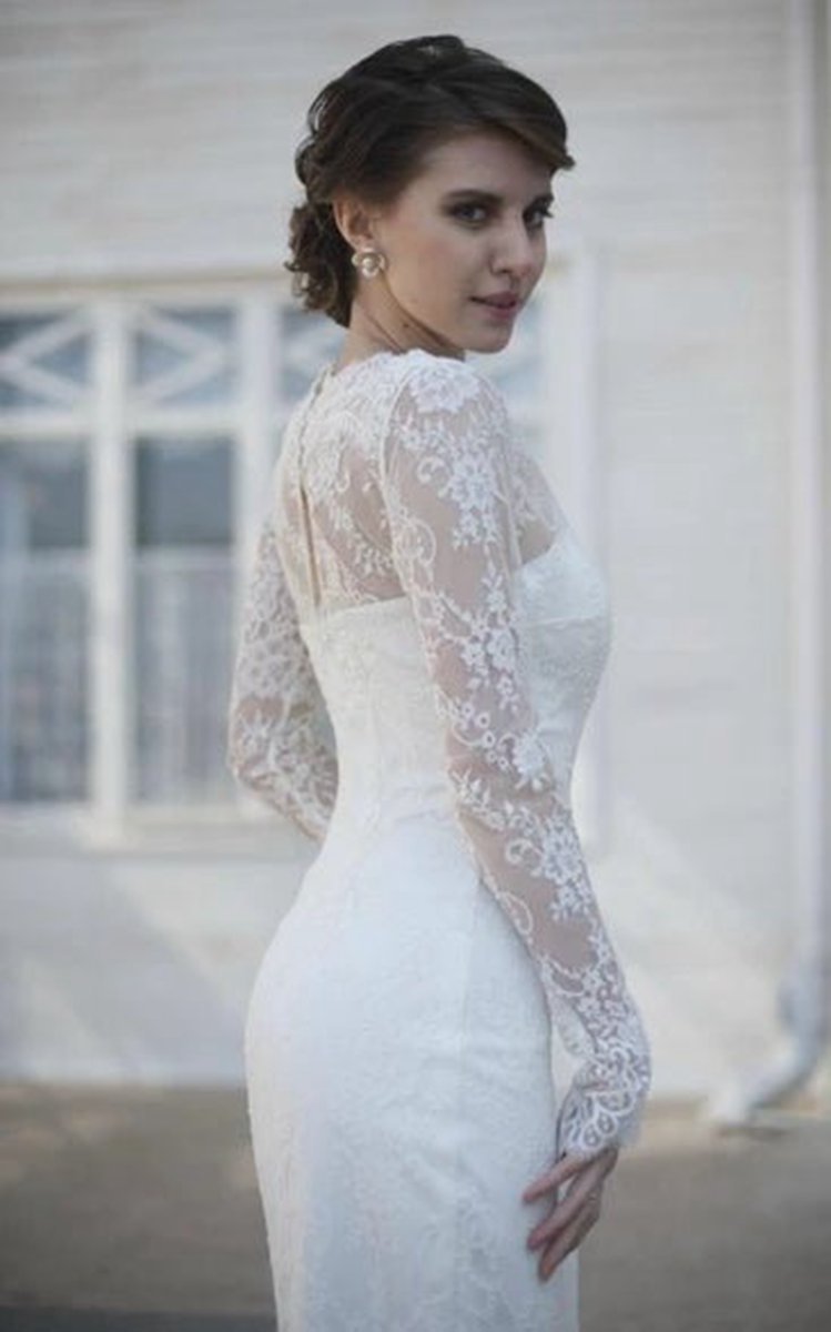 Gorgeous High-Neck Long Illusion Sleeve Mermaid Bridal Gown with Split Side