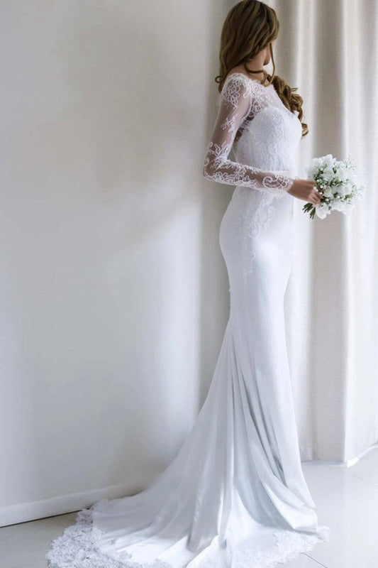 Bateau Lace Long Sleeve Sheath Chiffon Wedding Dresses with Sweep Train