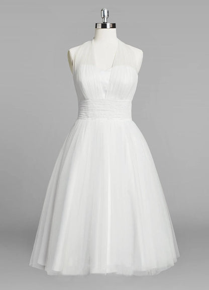 Halter A-line Short Tulle Wedding Dresses with Ruching