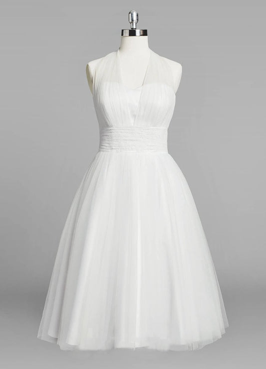 Halter A-line Short Tulle Wedding Dresses with Ruching