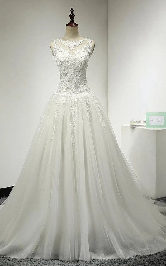 A-line Tulle Bridal Gown Weddig Dresses with Lace Bodice and Dropped Waist