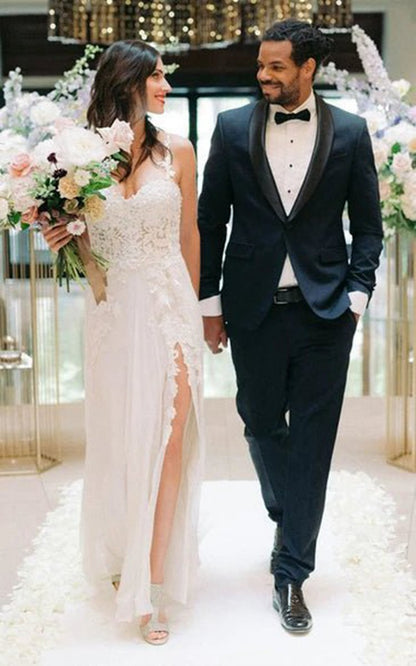 Spaghetti A-line Lace Bohemian Wedding Dresses with Open Back And Split Front