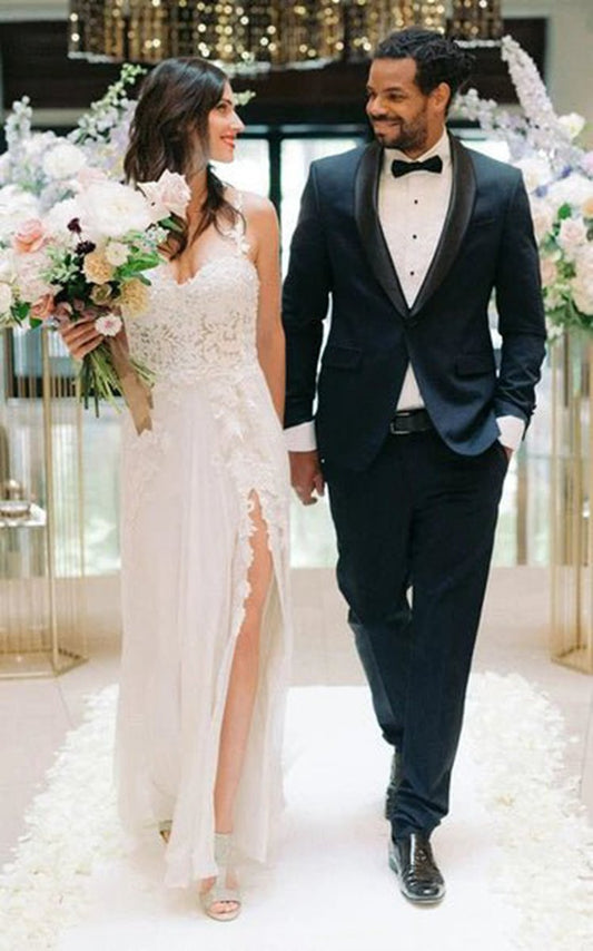 Spaghetti A-line Lace Bohemian Wedding Dresses with Open Back And Split Front