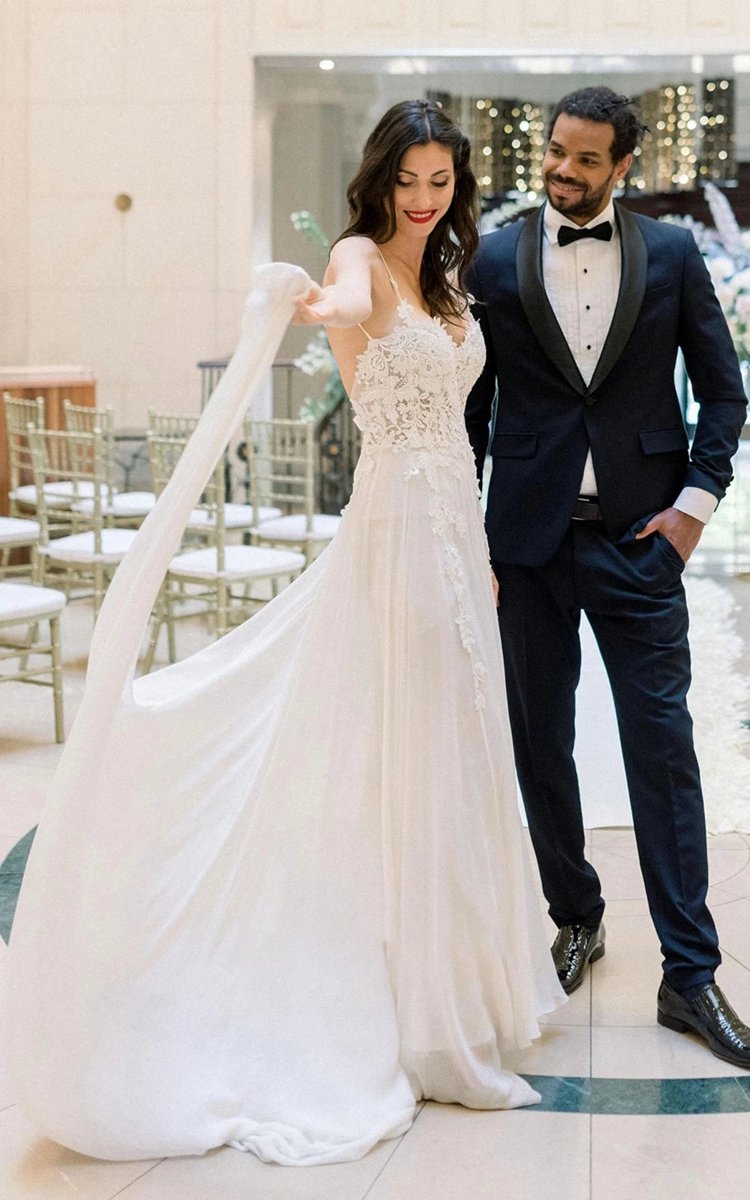 Spaghetti A-line Lace Bohemian Wedding Dresses with Open Back And Split Front