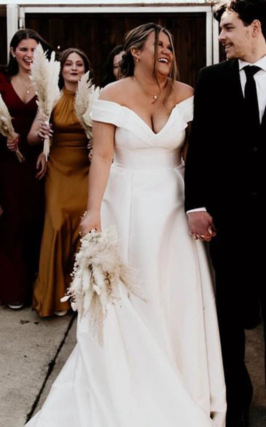 Romantic Off-the-shoulder A-line Satin Wedding Dresses with Button Back