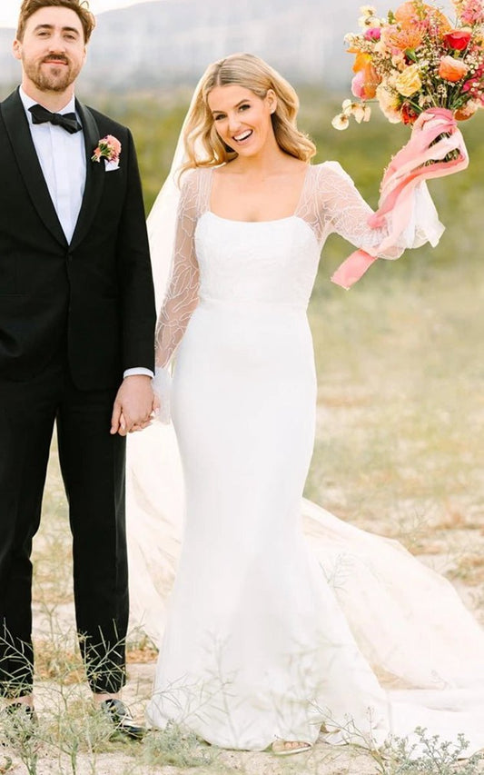 Mermaid Satin Simple Wedding Dresses with Square Neckline And Long Sleeve