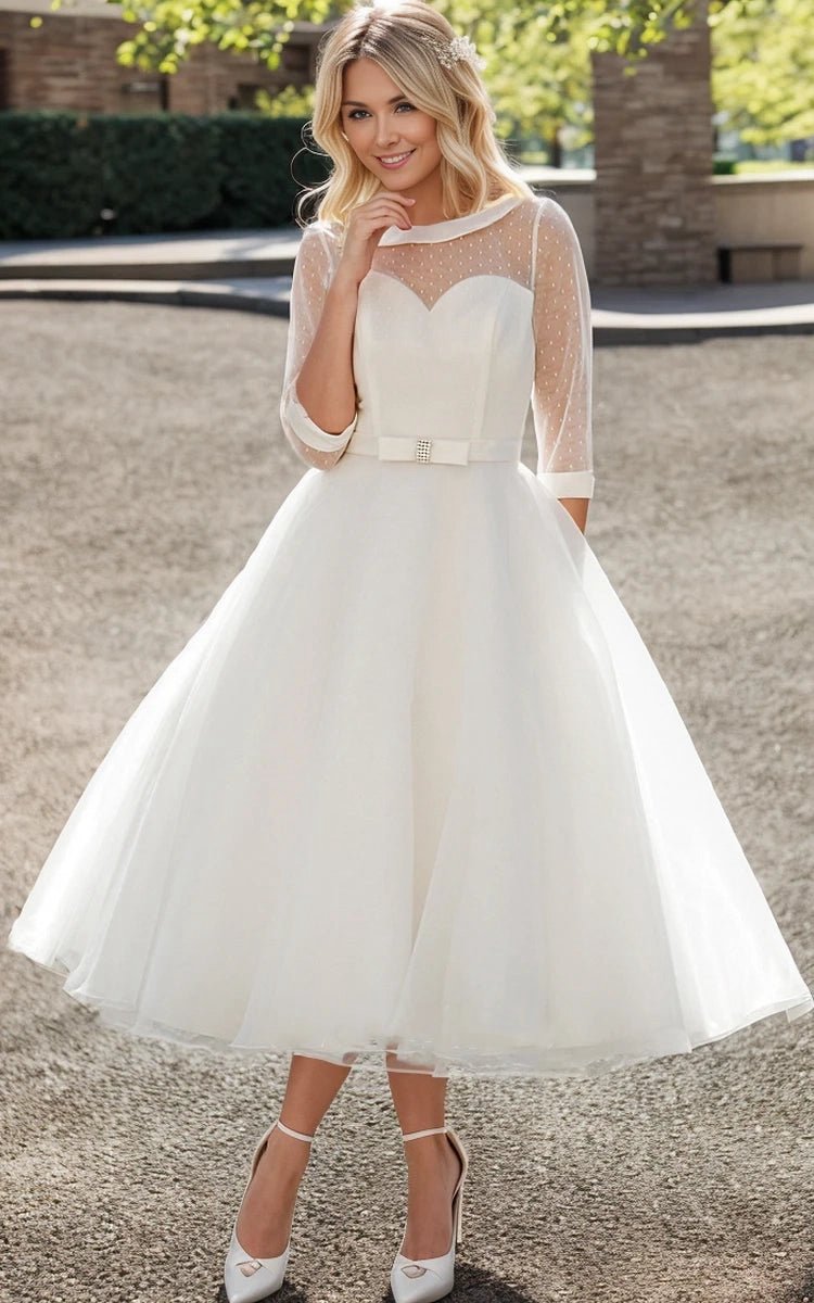Tea-Length A-line Bateau Neck Illusion Sleeve Bowed Tulle Wedding Dresses