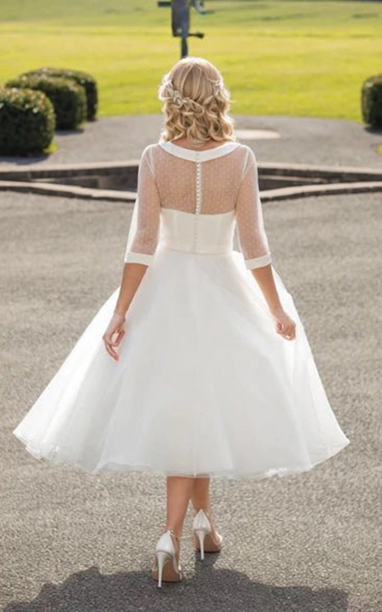 Tea-Length A-line Bateau Neck Illusion Sleeve Bowed Tulle Wedding Dresses