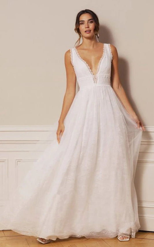 Bohemian Lace Tulle Plunging Neckline A-line Floor-length Deep-V Back Wedding Dresses