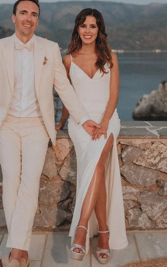 Simple Mermaid Satin Wedding Dresses with Split Front And Deep-V Back