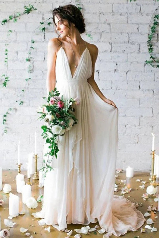 A-line V Neck Straps Spaghetti Sheath Chiffon Wedding Dresses