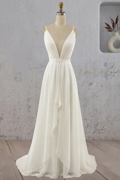 A-line V Neck Straps Spaghetti Sheath Chiffon Wedding Dresses