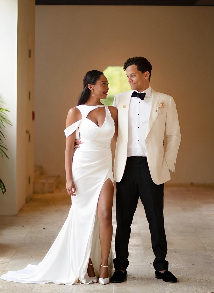 Mermaid Sweep Train Elastic Satin Wedding Dresses with Split Front