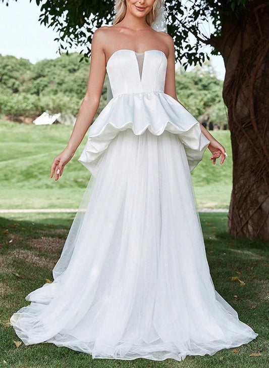 A-line Strapless Sleeveless Sweep Train Satin Tulle Wedding Dresses with Cascading Ruffles
