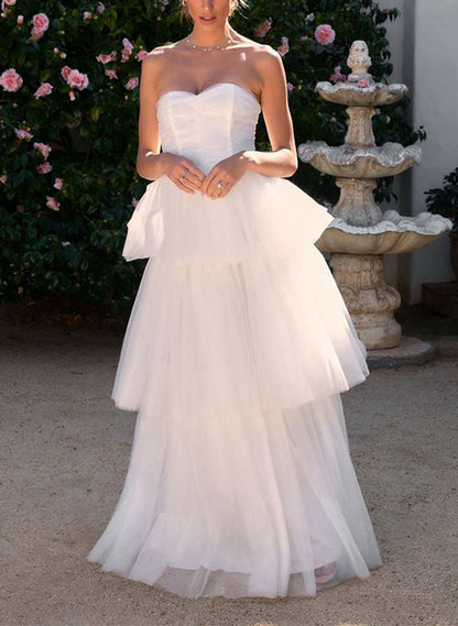 Elegant A-line Sweetheart Sleeveless Floor-Length Tulle Wedding Dresses