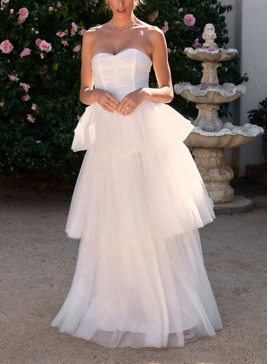 Elegant A-line Sweetheart Sleeveless Floor-Length Tulle Wedding Dresses
