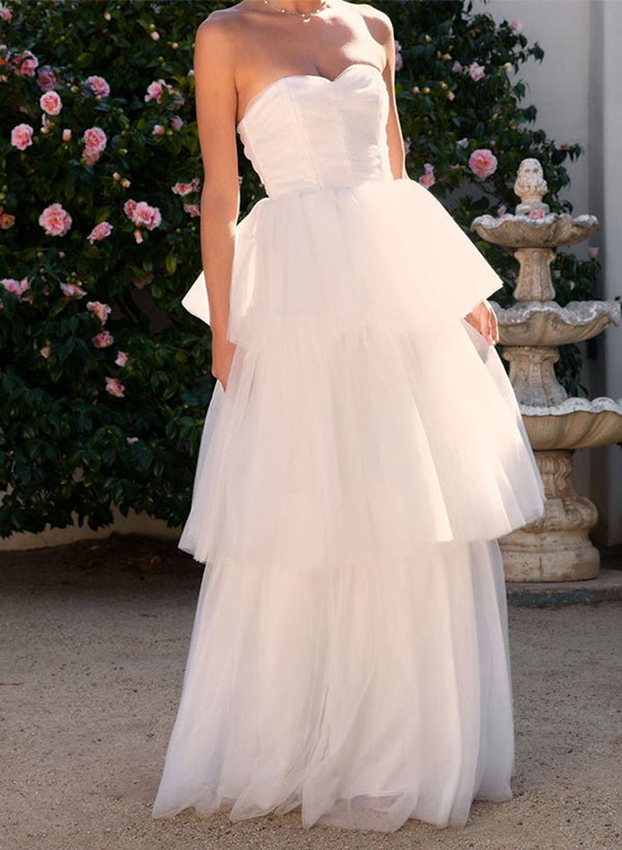 Elegant A-line Sweetheart Sleeveless Floor-Length Tulle Wedding Dresses