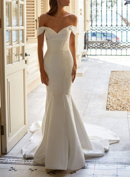 Trumpet Mermaid Off-the-Shoulder Sweep Train Satin Wedding Dresses