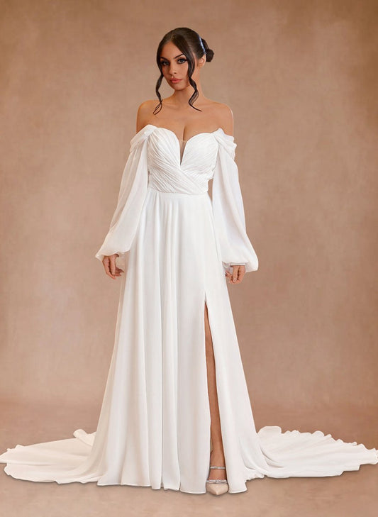 A-line Sweetheart Long Sleeves Chiffon Sweep Train Wedding Dresses