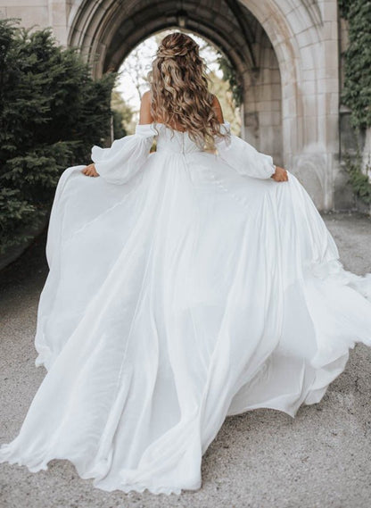A-line Sweetheart Long Sleeves Chiffon Sweep Train Wedding Dresses