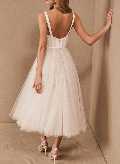 A-line Sweetheart Sleeveless Tulle Tea-Length Wedding Dresses with Pleated