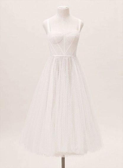 A-line Sweetheart Sleeveless Tulle Tea-Length Wedding Dresses with Pleated