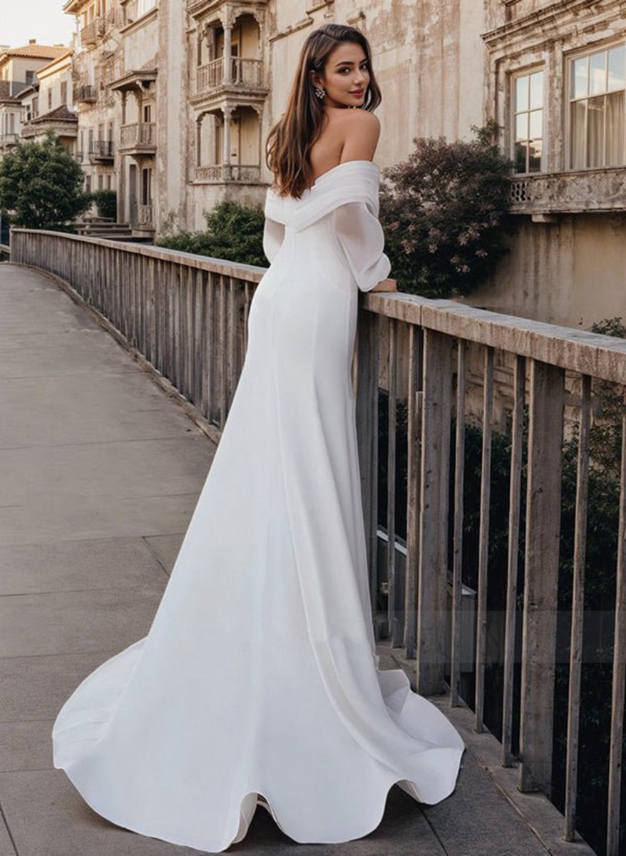 Mermaid Long Sleeves Wedding Dresses with Off-The-Shoulder Elastic Satin Simple