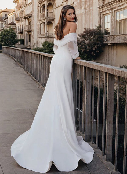Mermaid Long Sleeves Wedding Dresses with Off-The-Shoulder Elastic Satin Simple