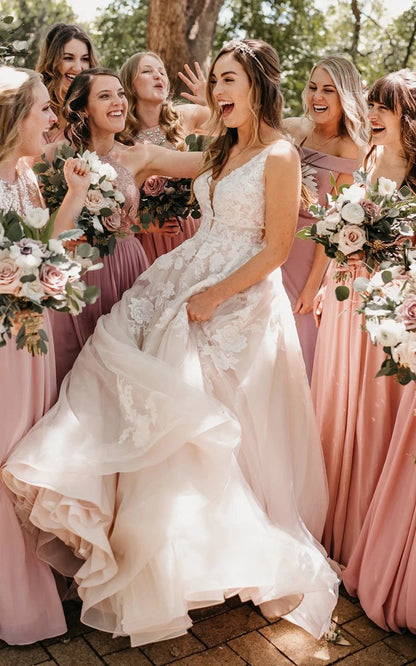 Adorable A-line Lace Wedding Dresses with Appliques And Illusion Deep-V Back