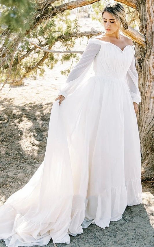 Off-shoulder Sleeves Sweetheart Elegant Chiffon Wedding Dresses with Appliques