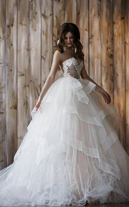 Detachable Floral Princess A-line Boho Lace Wedding Dresses Elegant Chic Sweetheart Court Train Ball Gown