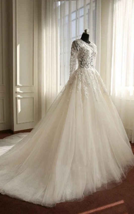 A-line Long Sleeve Bell Beading Appliques Flower Zipper Keyhole Tulle Lace Dresses