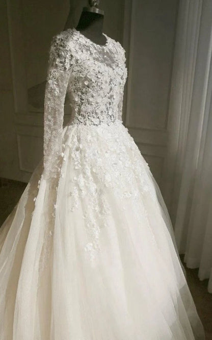 A-line Long Sleeve Bell Beading Appliques Flower Zipper Keyhole Tulle Lace Dresses