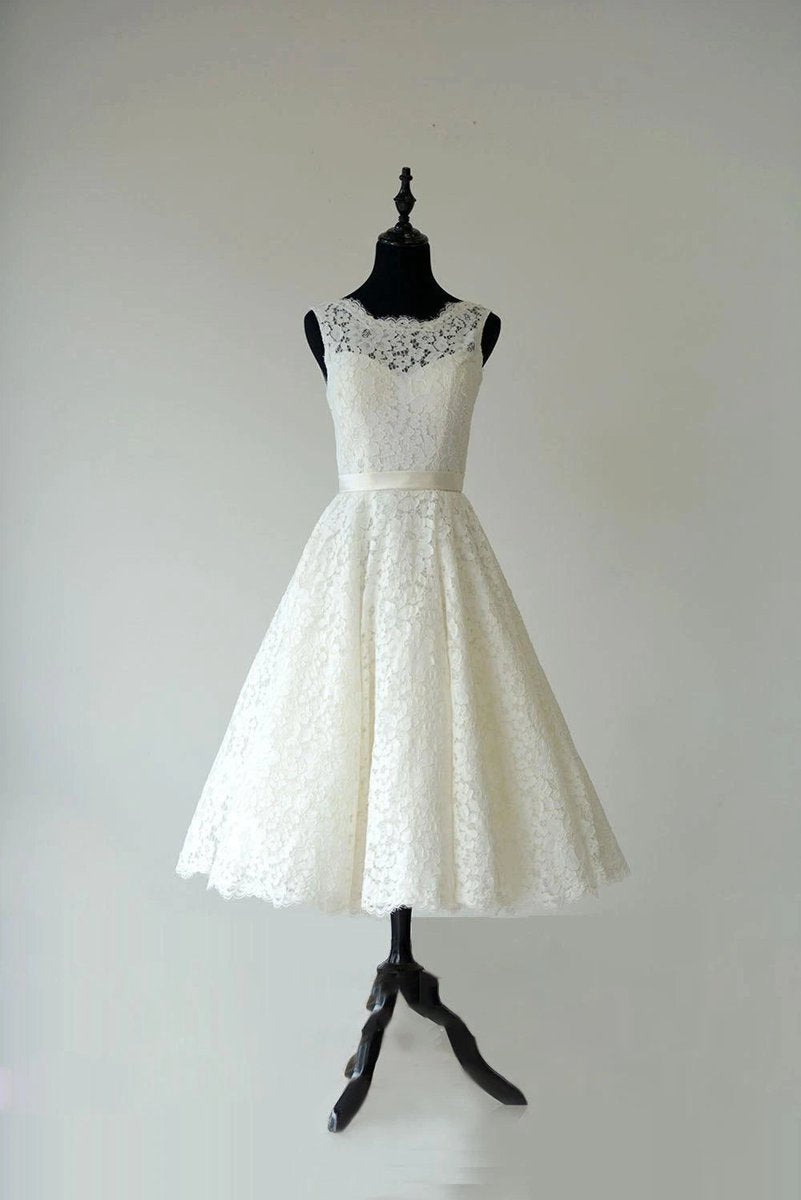 Sleeveless Sheer Illusion Neckline Tea Length Garden Bridal Dresses with Waistband