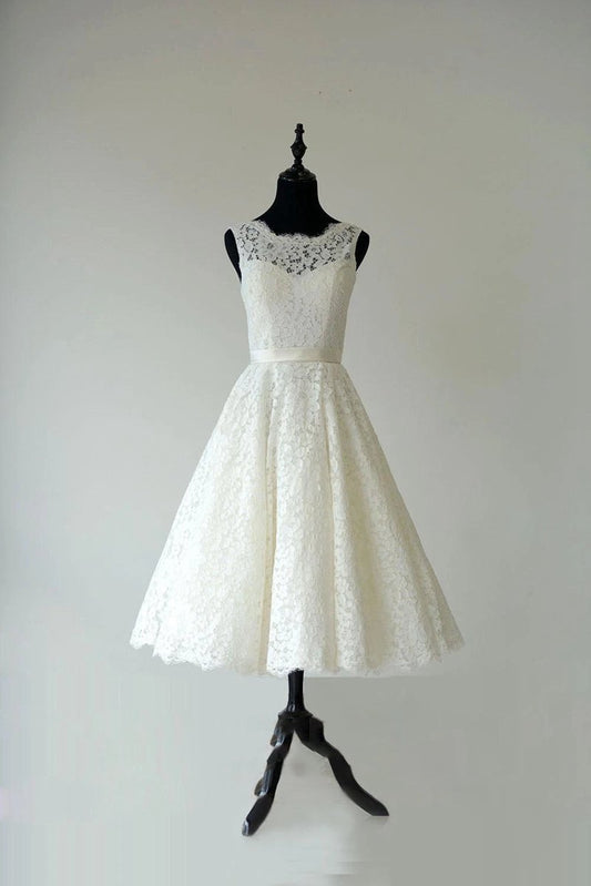 Sleeveless Sheer Illusion Neckline Tea Length Garden Bridal Dresses with Waistband