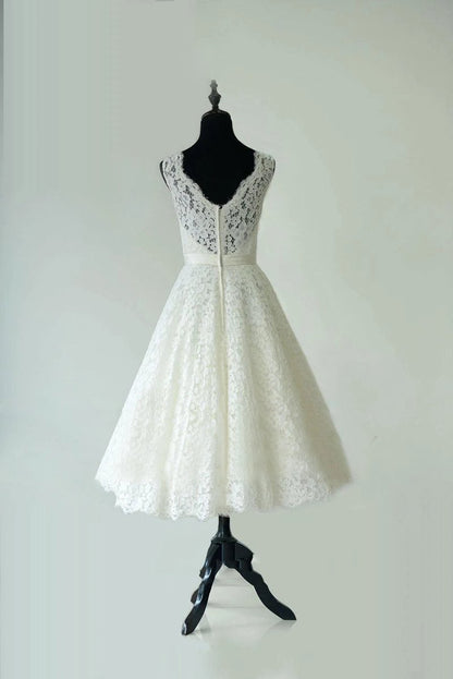 Sleeveless Sheer Illusion Neckline Tea Length Garden Bridal Dresses with Waistband