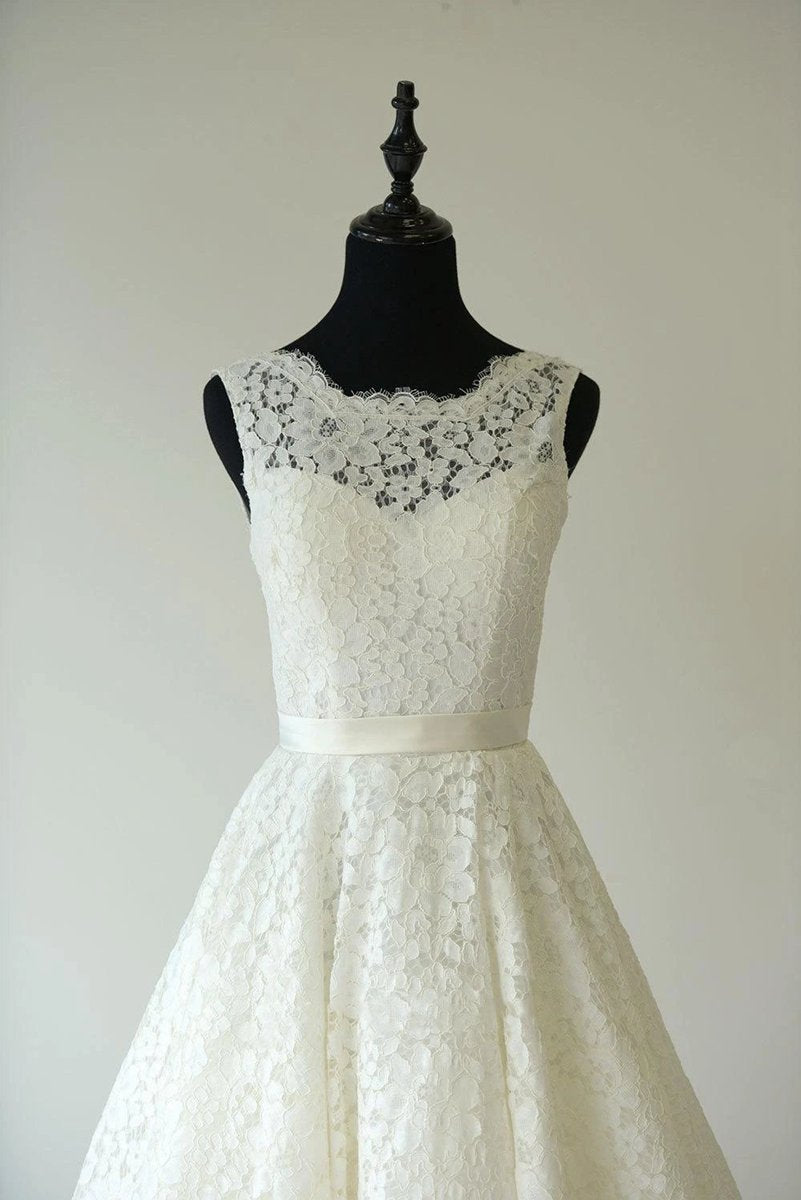 Sleeveless Sheer Illusion Neckline Tea Length Garden Bridal Dresses with Waistband
