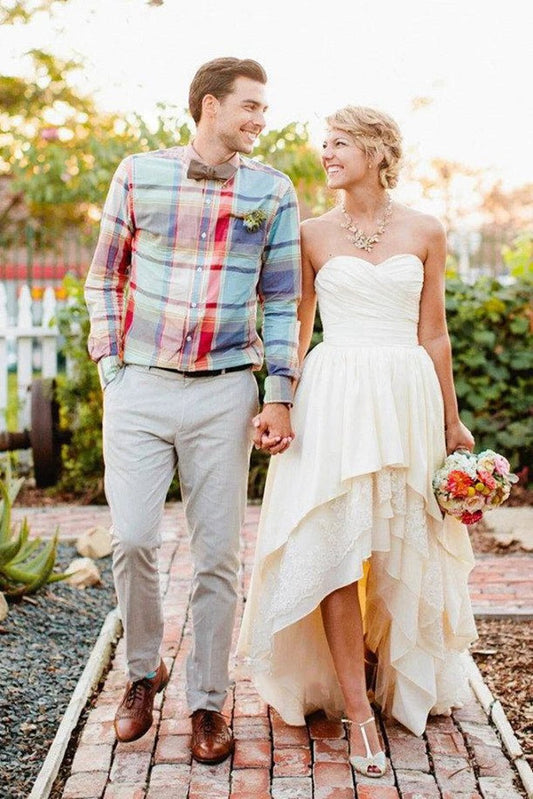 Sweetheart High-Low Chiffon Wedding Dresses with Tie rs And Crystal Detailing