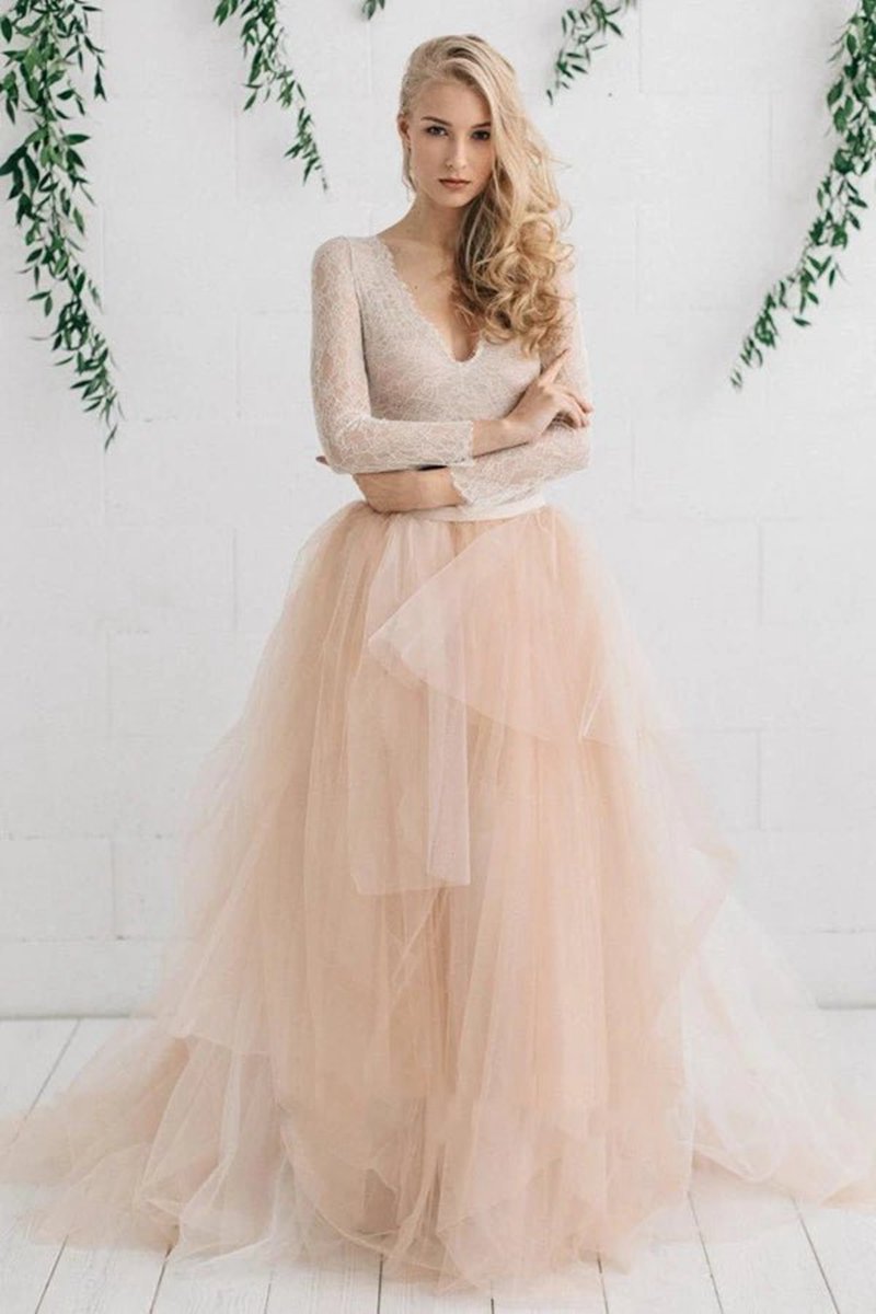Tulle Satin Tie rs Zipper V Neck Long Sleeves Wedding Dresses