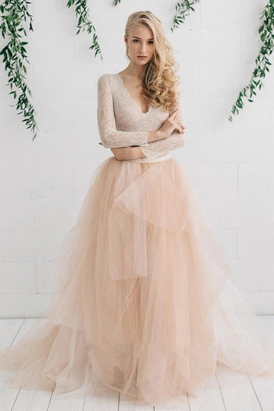 Tulle Satin Tie rs Zipper V Neck Long Sleeves Wedding Dresses
