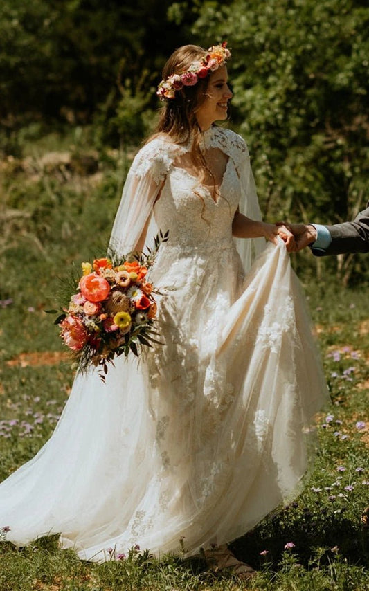 A-line V-Neck Lace Modern Wedding Dresses Short Sleeves with Appliques